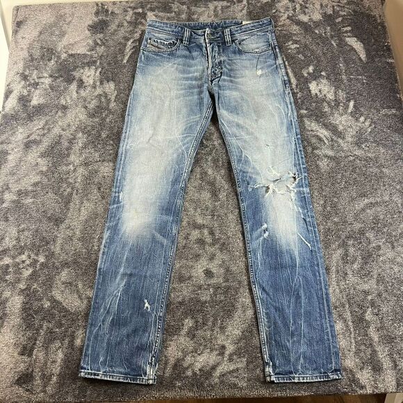 SOLD Diesel Safado Mens Jeans 31X32 Distressed Whisker Straight Button Fly Blue - Picture 1 of 13